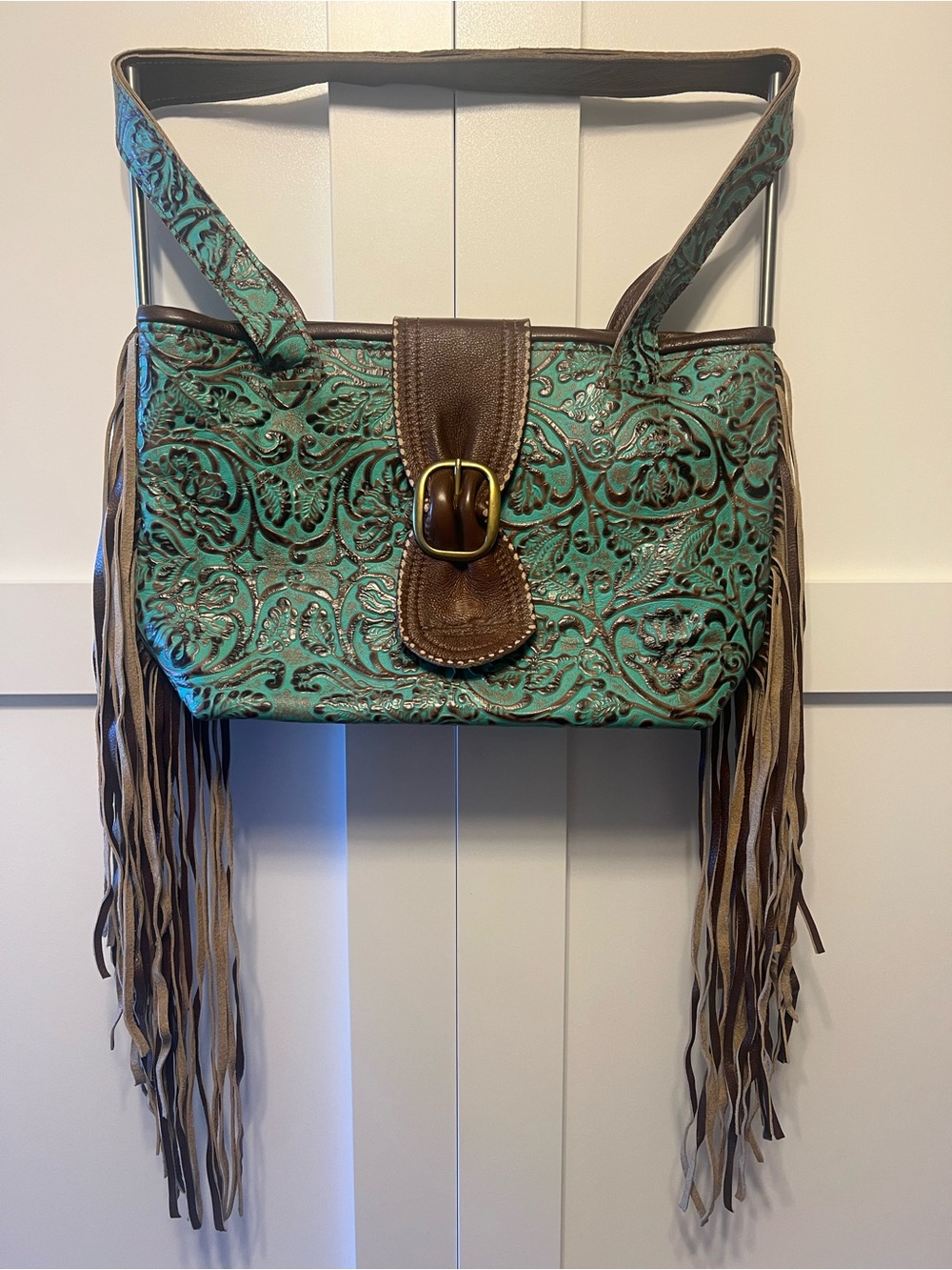 Turquoise Tooled Fringe Shoulder Bag with Brown Leather Buckle